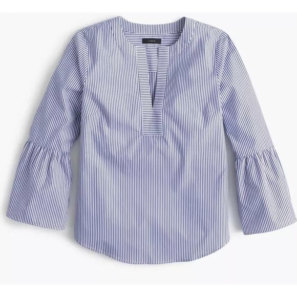 J. Crew Tops - J. Crew Blouse Striped Bell Sleeve Peasant Top Blue White Cotton Size 12 G5174